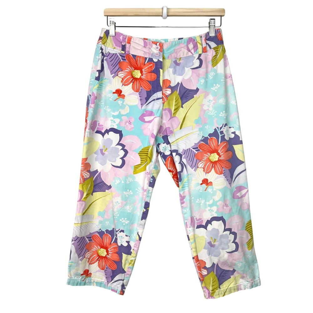 Talbots Petites Vintage Floral Cropped Pants Women 10‎ Multicolor Cotton Stretch